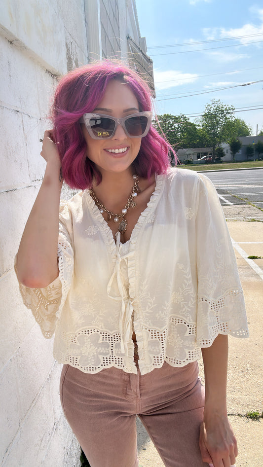 Front Tie Embroidered Blouse